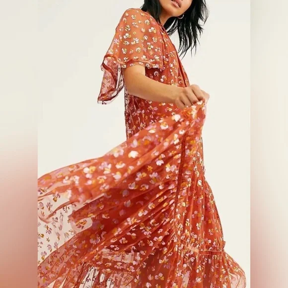 Free People Burnt Orange Floral Tiered Midi Dress - Picture 2 of 4